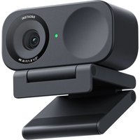 Graphite black Insta360 Link 2C webcam with circular lens, green indicator light, and adjustable mount.