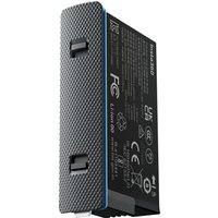 Black Insta360 X5 battery with textured grip, blue accent, and white text detailing specifications.
