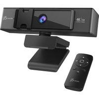 Black and silver j5create 4K webcam with 5x zoom, remote control, and adjustable mount.