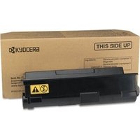 Black KYOCERA TK-1125 toner cartridge with yellow caution label, in front of brown Kyocera branded box.