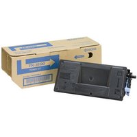 Black KYOCERA TK-3100 toner cartridge with rectangular shape, next to beige packaging box with blue text.