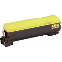 Yellow Kyocera TK-570Y toner cartridge, rectangular with black base and caution symbol on side.