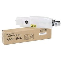 White KYOCERA WT-860 waste toner box with black cap, placed on brown cardboard packaging.