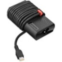 Black Lenovo 65W power adapter with coiled cable and USB-C connector, compact rectangular design.