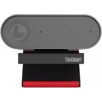Lenovo ThinkSmart 4K Ultra HD Webcam, oval shape, gray front, dual microphones, black base with red accent.