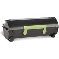 Black Lexmark 502H R toner cartridge with a green handle, rectangular shape, and sturdy design.