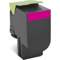 Black Lexmark toner cartridge with magenta label and green top flap.