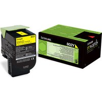 Lexmark 802Y yellow toner cartridge with black casing and yellow label, next to green and black packaging box.