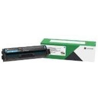 Lexmark C332HC0 cyan toner cartridge with black casing and green-white packaging box.