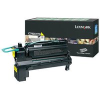 Lexmark C792X1YG yellow toner cartridge with black casing and green handle, packaged in branded box.