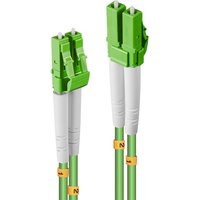 Green Lindy 20m fibre optic cable with LC/LC connectors, white sleeves, and yellow labels, OM5 50/125µm.
