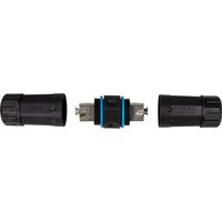 Black LogiLink NP0082 cable gland in nylon, three-part design with threaded connector and blue sealing rings.