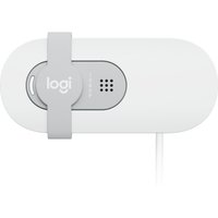 White Logitech webcam with 2 MP lens, 1920 x 1080 resolution, USB connection, and sleek oval design.