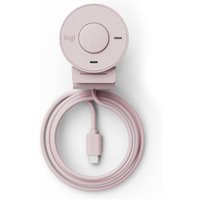 Pink Logitech Brio 300 Full HD webcam with circular design, privacy shutter, and USB-C cable.