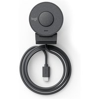 Black Logitech Brio 305 webcam with circular lens, attached USB-C cable, and sleek design.