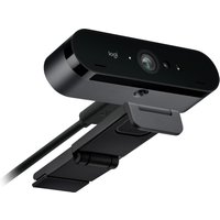 Black Logitech BRIO 4K webcam with 13 MP lens, USB connection, and adjustable clip mount.