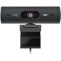 Black Logitech Brio 500 Full HD Webcam with cylindrical design, centered lens, and adjustable mount.