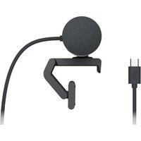 Black Logitech Brio 505 webcam with circular design, attached clip, and USB-C cable.