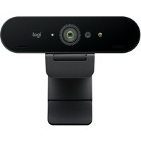 Black Logitech BRIO Ultra HD webcam with wide lens, dual microphones, and adjustable clip.