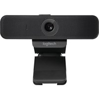 Black Logitech C925e business webcam with wide lens, privacy shutter, and adjustable clip base.