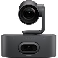 Black Logitech RALLY AI camera with dual lenses, sleek rectangular base, and adjustable swivel mount.