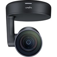 Black Logitech Rally Camera with a sleek cylindrical lens, mounted on a curved arm and circular base.
