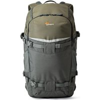 Green and grey Lowepro Flipside Trek BP 450 AW backpack with multiple straps and compartments.