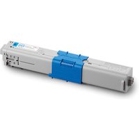 Gray OKI 44469706 toner cartridge with blue accents, original cyan, rectangular shape with connector end.