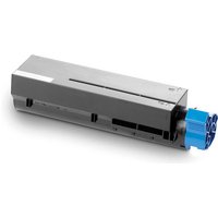 OKI 44574702 black toner cartridge, rectangular shape, gray body with blue end cap.