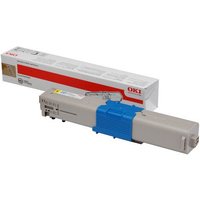 Gray OKI 46490401 toner cartridge with blue handle, packaged in white and red box, Original Yellow.