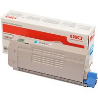 Beige OKI 46507615 toner cartridge with blue cap, original cyan, next to branded box.