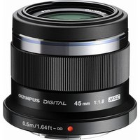 Black Olympus M.ZUIKO DIGITAL 45mm 1:1.8 SLR lens with textured focus ring and silver accents.