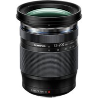 Black Olympus M.Zuiko 12-200mm zoom lens with textured grip and focal length markings.