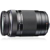 Black Olympus M.ZUIKO 75-300mm camera lens with textured zoom ring and silver accents.