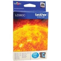 Brother LC980C Cyan Ink Cartridge box with vibrant sun image, blue top, and Brother logo.