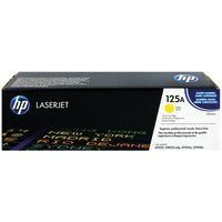 HP 125A Yellow Toner Cartridge in black box with blue HP logo and colorful text design.