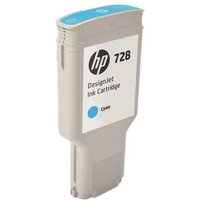 HP 728 cyan ink cartridge, gray casing, white label with black text, blue dot indicating color.