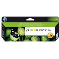 HP 971XL yellow ink cartridge box with green background and butterfly graphic.