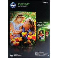 HP A4 Everyday Glossy Photo Paper, 25 sheets, vibrant tulip field image, black packaging with HP logo.