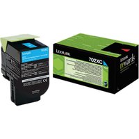 Lexmark 702XC cyan toner cartridge with black casing and blue label, next to green and black packaging box.