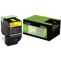 Yellow Lexmark 702Y toner cartridge with black casing, green top, and matching box with green and black design.