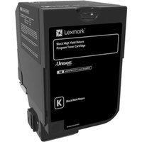 Black Lexmark 74C2HK0 high capacity toner cartridge with white text and Lexmark logo on the front.