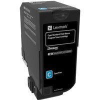 Black Lexmark 74C2SC0 high capacity cyan toner cartridge with blue label and Lexmark branding.
