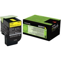 Lexmark 802HY yellow toner cartridge with black casing and green label, next to matching green and black box.