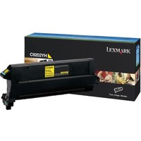Black Lexmark C9202YH yellow toner cartridge with yellow label, next to branded box with colorful graphics.