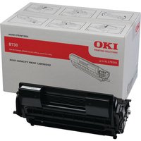 Black OKI 1279201 toner cartridge with rectangular shape, next to white and red branded packaging box.