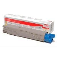 Gray OKI 43459405 yellow toner cartridge with blue cap, next to branded white and red packaging box.