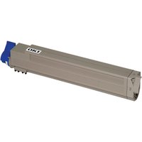 Gray OKI 43837129 yellow toner cartridge with blue handle and rectangular shape.