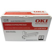 White box for OKI 43870024 Black Drum Unit with red and black text, printer image, and product details.
