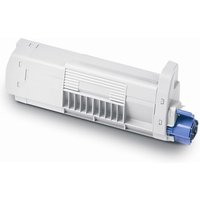 White OKI 44318608 black toner cartridge with blue cap and vented side panel.